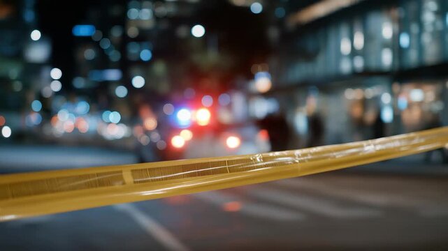 Bright yellow police tape fluttering across a closed city street illuminated by red and blue flashing lights, marking the perimeter of a recent urban incident &mdash; a dramatic and high-detail concept