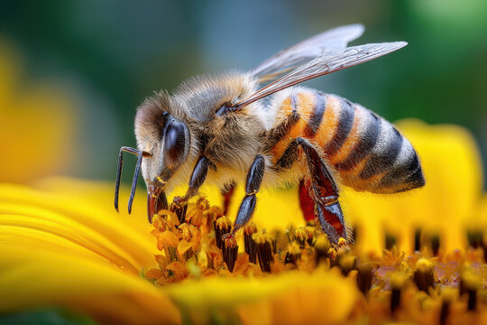 Closeup of a bee collecting pollen from a yellow flower - Powered by Adobe