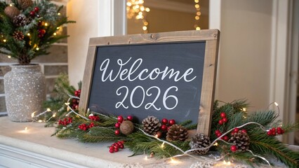 Chalkboard Sign with 2026 and Festive Holiday Decorations - 10