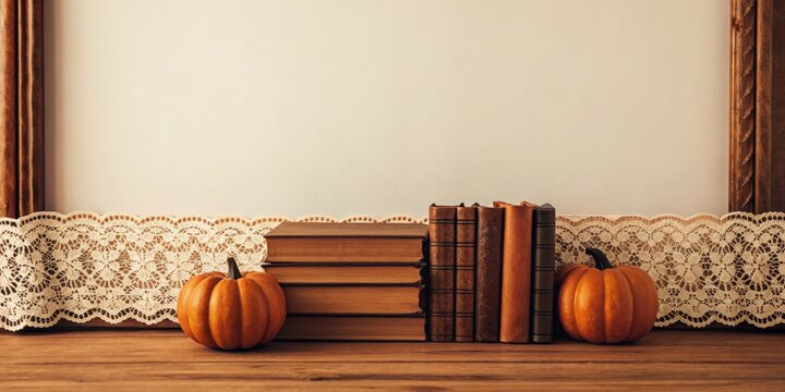 Thanksgiving Decoration Autumn decor featuring pumpkins and vintage books on a wooden table with a lace trim background.