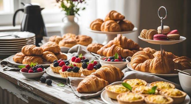 An array of croissants, tarts, and macarons on a table for breakfast