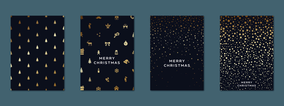 Merry Christmas elegant holiday card collection vector illustration with stars, trees, snowflakes. Modern festive cover collection for new year invitation, new year eve, celebration, decoration. party