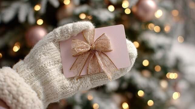 Hand in knit mitten holding pink gift card with gold ribbon bow near Christmas tree with festive lights