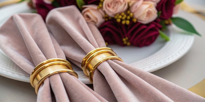 Thanksgiving Decoration Elegant napkin arrangement with golden rings beside a floral centerpiece on a dining plate.