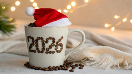 Festive Coffee Mug with 2026 Made of Coffee Beans and  Hat - 2