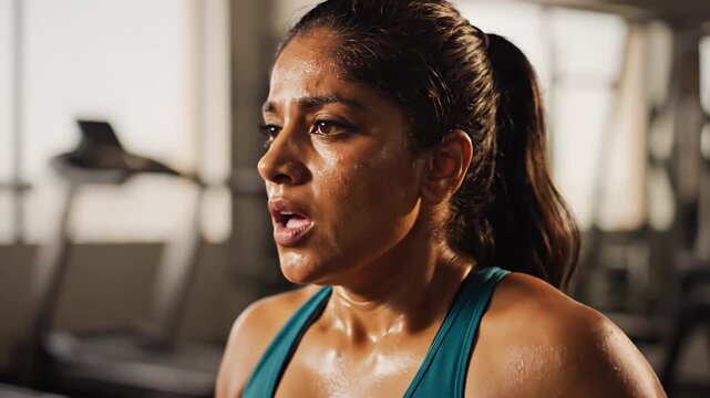 An intense display of unwavering determination as a dedicated athlete pushes her physical limits during a strenuous gym workout session