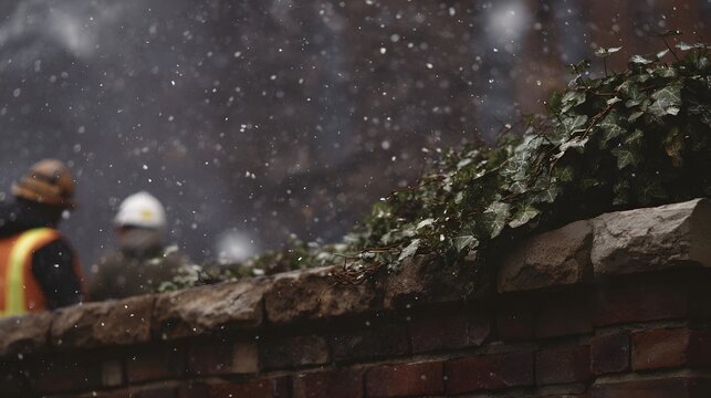 Construction workers are visible behind a brick wall covered in ivy as snow falls softly in muted light - Powered by Adobe