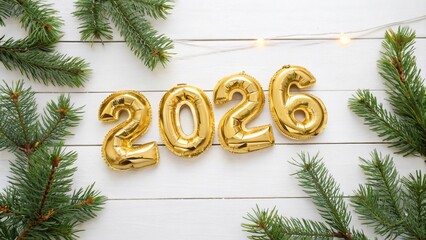 Golden 2026 Balloon Numbers with Fir Branches on White Wooden Background