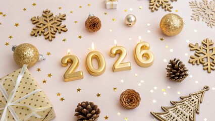 Golden 2026 Candle Numbers with Festive Decorations on Pastel Background - 10