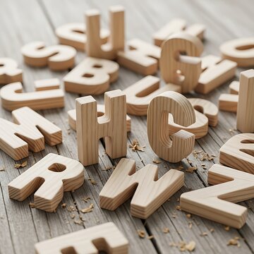 Wooden alphabet blocks create a textured wordscape on a gray planks table