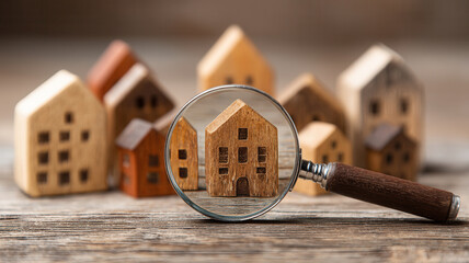 Real estate property wooden house under magnifying glass focused search concept warm tone inspection