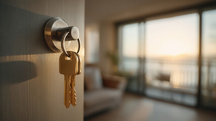 Gold key in lock real estate property concept with warm light and cozy interior sunset view