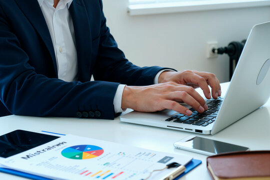 Caucasian young adult man working on laptop at desk, hands typing on keyboard, business report with colorful charts and graphs visible on table, digital tablet and notebook nearby