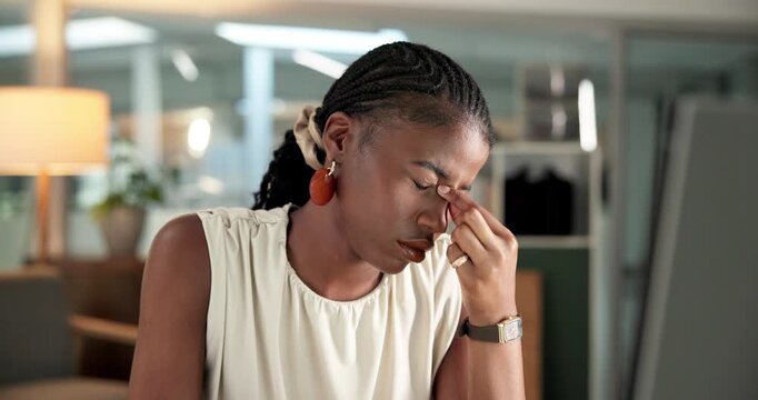 Woman, headache or burnout in office with computer for digital marketing crisis, campaign fail or error. Exhausted, black person and migraine with pc, advertising compliance issue or reputation risk.