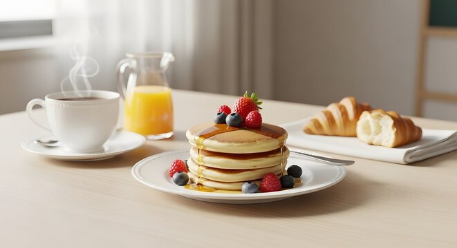 Delicious breakfast featuring pancakes, croissants, coffee, and orange juice - Powered by Adobe