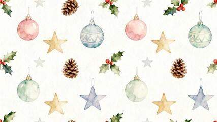 Watercolor christmas pattern with baubles stars holly and pinecones