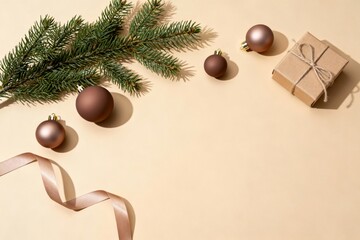 Minimal christmas composition with bronze baubles gift box and fir branch