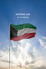 Waving flag of Kuwait in beautiful blue sky for National holiday