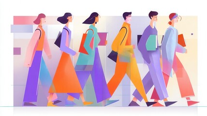 Diverse group of people walking together, moving forward a modern, abstract, colorful urban setting