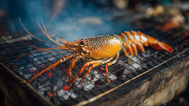 Gourmet lobster cooking on charcoal barbecue grill, with aromatic smoke rising from hot embers, creating delicious and fresh seafood meal for savory culinary experience