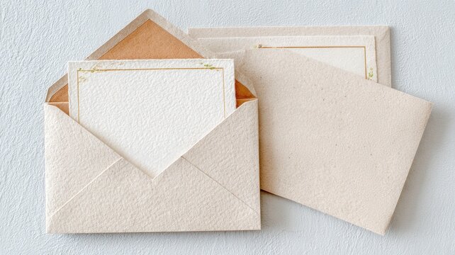 Blank textured card with golden border sliding into rustic beige envelope, elegant stationery message communicating set - Powered by Adobe