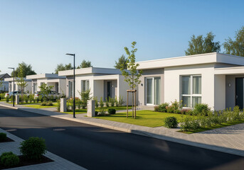Fototapeta premium Contemporary compact homes with flat roofs and modern landscaping under bright daylight
