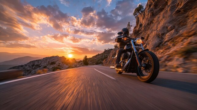Rider enjoys sunset on a motorcycle along a winding road through rocky hills in the evening light