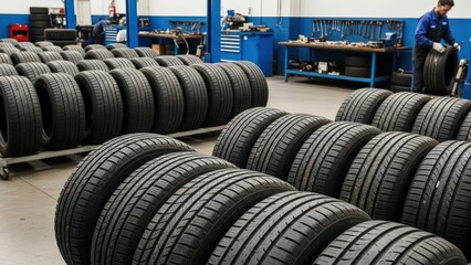 Abundant fresh tires neatly displayed across a clean, modern automotive service center, with a dedicated mechanic preparing vehicles in the vibrant blue workshop