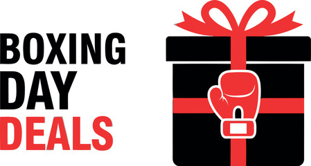 Boxing day deals text illustration with a stylized black gift box, vibrant red ribbon, and boxing glove icon, symbolizing post-christmas holiday shopping promotions, discounts, and sales events.