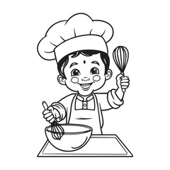 Cute Cartoon Outline of a Smiling Child Chef Holding Whisks and Mixing Bowl. 