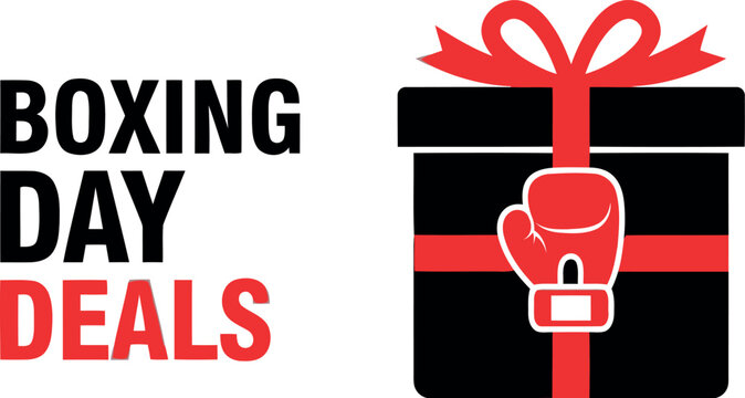 Boxing day deals text illustration with a stylized black gift box, vibrant red ribbon, and boxing glove icon, symbolizing post-christmas holiday shopping promotions, discounts, and sales events. - Powered by Adobe