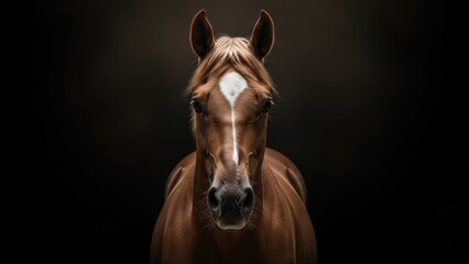 Obraz premium Majestic brown horse stands centered against a dark background, its powerful gaze and unique white blaze creating a striking, elegant studio portrait