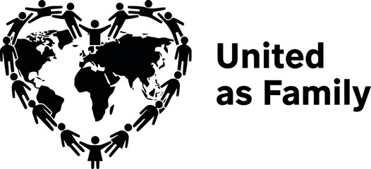 Global unity graphic. world map surrounded by people holding hands in heart shape. symbolizes peace, cooperation, global community, human family, solidarity, international brotherhood.