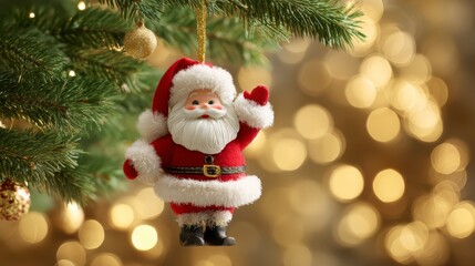 Obraz premium Santa Claus Ornament: A festive Santa Claus ornament adds a touch of holiday cheer, with the soft, glowing lights of the tree enhancing the sense of warmth and magic.