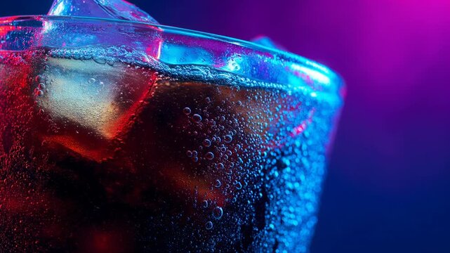 Energetic mood refreshment from cold soda beverage, popular drink in glass with ice and single bubble. Vibrant blue and purple neon light creates modern effect