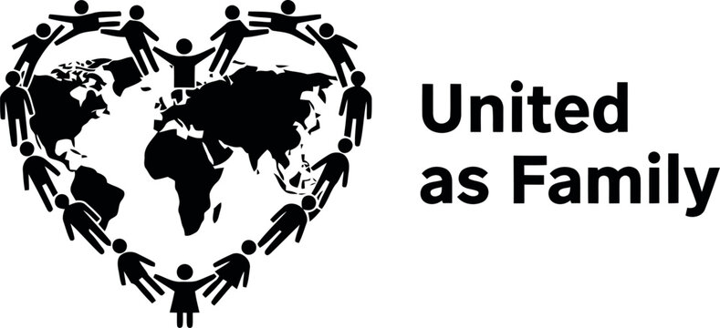 Global unity graphic. world map surrounded by people holding hands in heart shape. symbolizes peace, cooperation, global community, human family, solidarity, international brotherhood.
