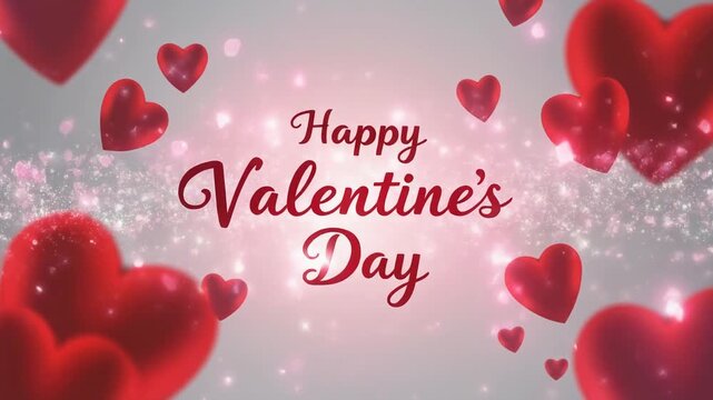 Romantic digital greeting card celebrating Valentine's Day with flying red heart shapes and a magical, sparkling light background