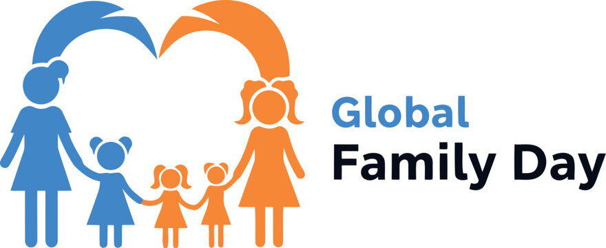 Global family day celebration graphic featuring parents and children figures forming a heart, symbolizing love, unity, and support, perfect for events, holidays, and community themes. - Powered by Adobe