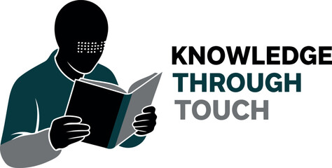 Stylized silhouette of a person with visual impairment reading a braille book, symbolizing knowledge acquisition through tactile senses and accessible education, with text 'knowledge through touch'.