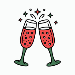 Fototapeta premium Two champagne glasses are raised in a toast, with bubbles and stars indicating celebration.