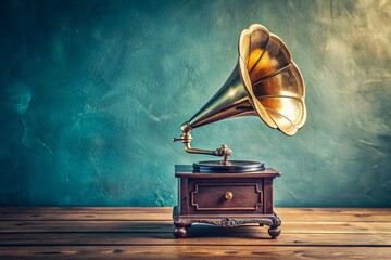 Antique gramophone on wooden table creates a vintage musical experience