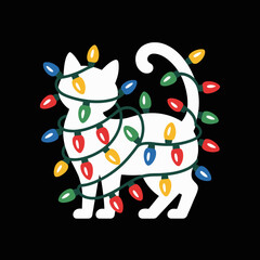 Naklejka premium A white cat silhouette is wrapped with colorful xmas lights