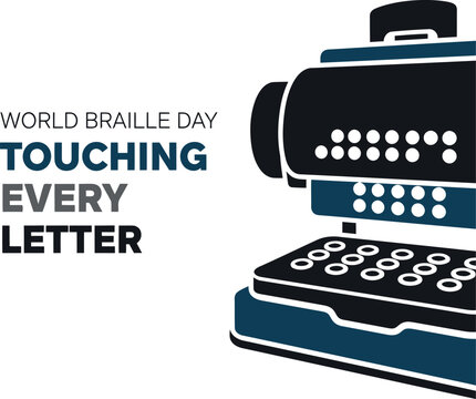 World braille day concept featuring a classic braille typewriter illustration, emphasizing the importance of tactile reading for visually impaired individuals to achieve information and literacy.