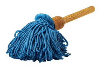 Fresh blue string mop with natural wooden handle, domestic cleaning tool for home.