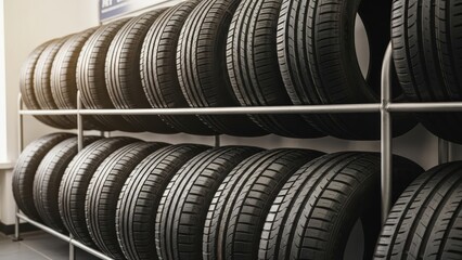 Rows of new automotive tires neatly displayed on sturdy metal racks, ready for vehicle upgrade and ensuring essential road safety and reliable journey performance