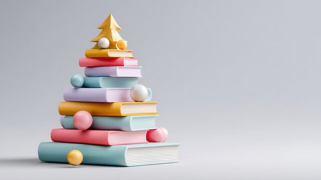 Stack of pastel colored books forming a christmas tree shape, decorated with a ornaments star round golden