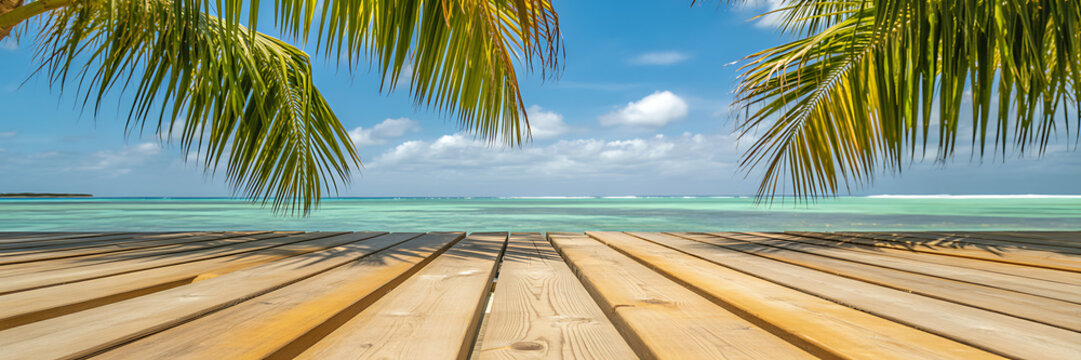 Tropical beach vacation background with palm trees wooden deck and ocean view for travel and summer holiday 100 - Powered by Adobe