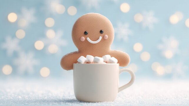 Gingerbread man cookie bathing in hot cocoa with marshmallows, celebrating christmas holidays winter season - Powered by Adobe