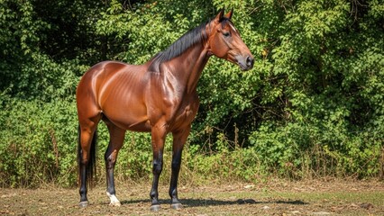 Fototapeta premium Stunning bay horse stands majestically in dappled sunlight, its sleek brown coat gleaming against vibrant green foliage, representing freedom and equine beauty