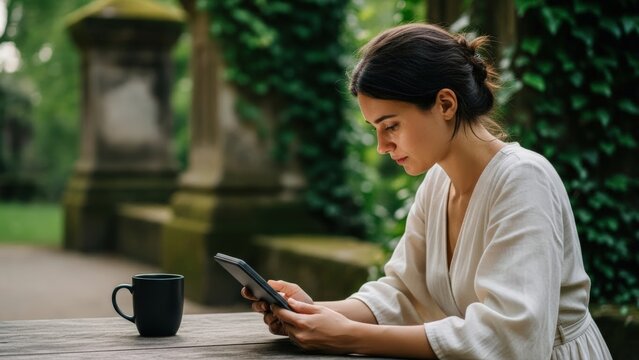 Thoughtful woman connects with digital content on a tablet, enjoying quiet solitude amidst a serene green park with historic stone architecture